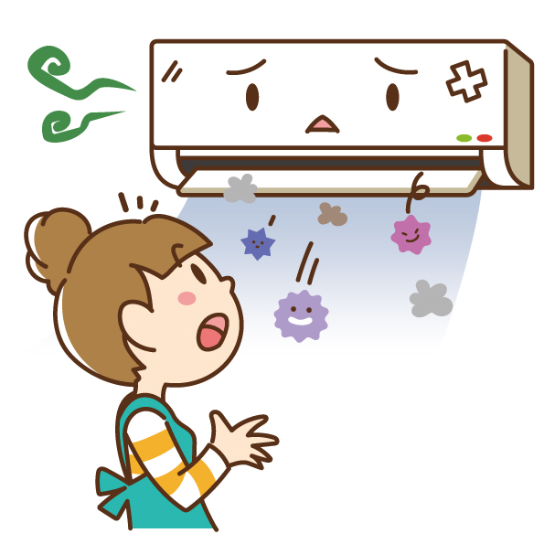 エアコンから汚れた空気やウイルスが放出されている様子を描いたイラスト。エアコンは不快そうな表情をしており、驚いた様子の女性がそれを見つめている。エアコンから紫や青色のウイルスのようなものが飛び出し、周囲には悪臭を示す緑色の渦巻きが描かれている。