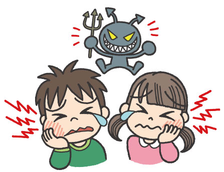 2人の子供（男の子と女の子）が、頬を押さえて泣いている。涙が流れ、頬の近くには赤いギザギザの線があり、痛みを示している。上部には、三叉槍を持つ不気味なキャラクターが描かれており、鋭い歯と赤い線で表現された威圧的な雰囲気が、痛みの原因を示唆している。歯の痛みやむし歯のイメージを、ユーモラスかつ誇張したスタイルで表現したイラスト。