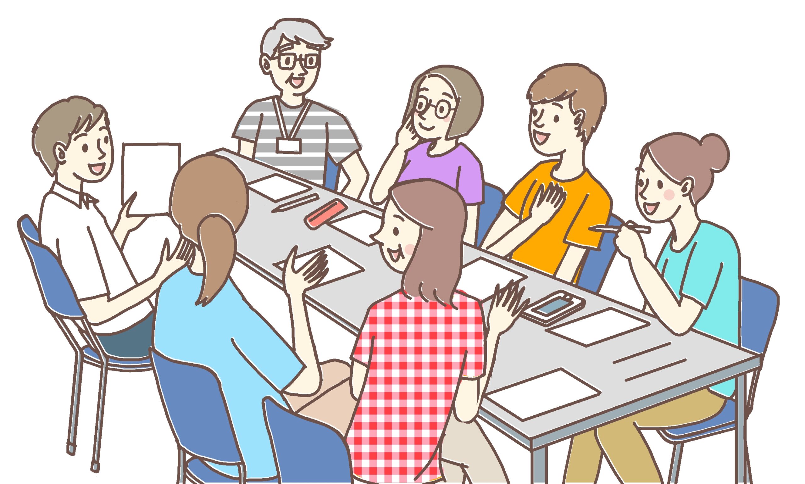 町内会のイメージ。7人の参加者ががテーブルを囲み、話し合いをしている。書類を持つ人やメモを取る人もおり、活発な議論が行われている。テーブルの上には書類やペンが置かれている。