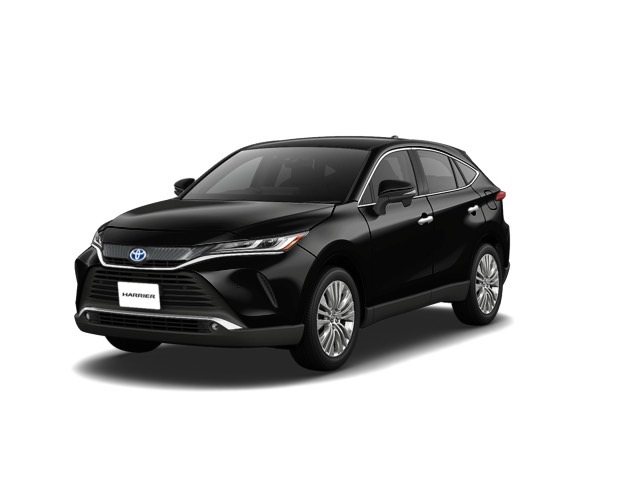 斜め前方から見た黒のトヨタ ハリアー SUV。シャープなヘッドライトと特徴的なグリルを備えたスタイリッシュなデザインで、フロントとサイドが強調されている。アルミホイールと“HARRIER”と表示されたナンバープレートが確認できる。