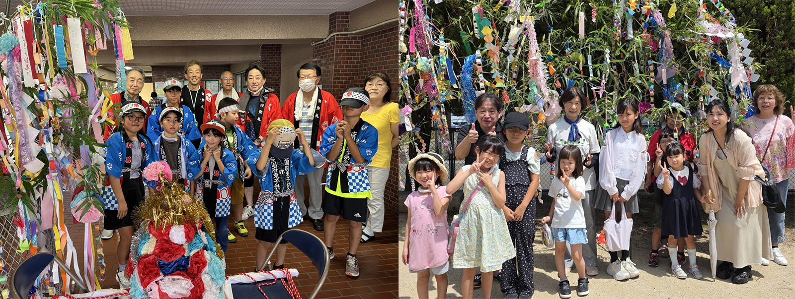 古国府東の皆さん(左)、上田町の皆さん（右）「七夕祭りの場面で、伝統的な衣装を着た子供たちと大人たちが竹に飾られた色鮮やかな短冊の前で笑顔を見せる。願い事が込められた短冊や、風になびく飾りが季節感を演出し、日本の文化的な風習が温かく伝わってくる。