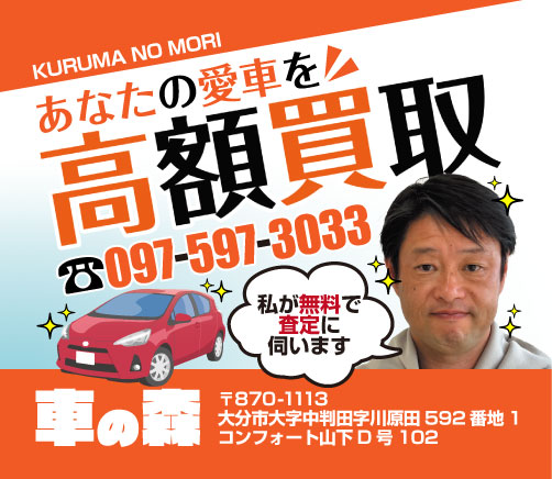 赤い車とオーナーが描かれた『車の森』の広告画像。『あなたの愛車を高額買取』と強調されたテキストと、電話番号や大分市内の住所が記載されており、無料査定訪問サービスをPRしている。
