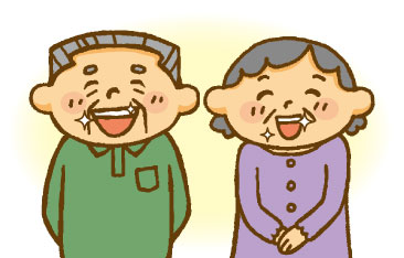 インプラントに変えて健康な歯になり笑顔の老夫婦のイメージイラスト。