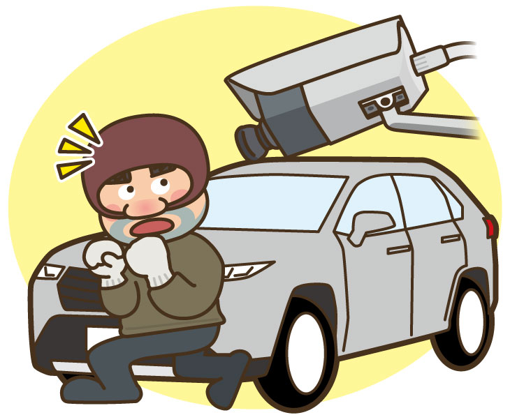 車上荒らしが車を物色しようとしていますが、防犯カメラに気づき警戒している様子のイラストイメージ。