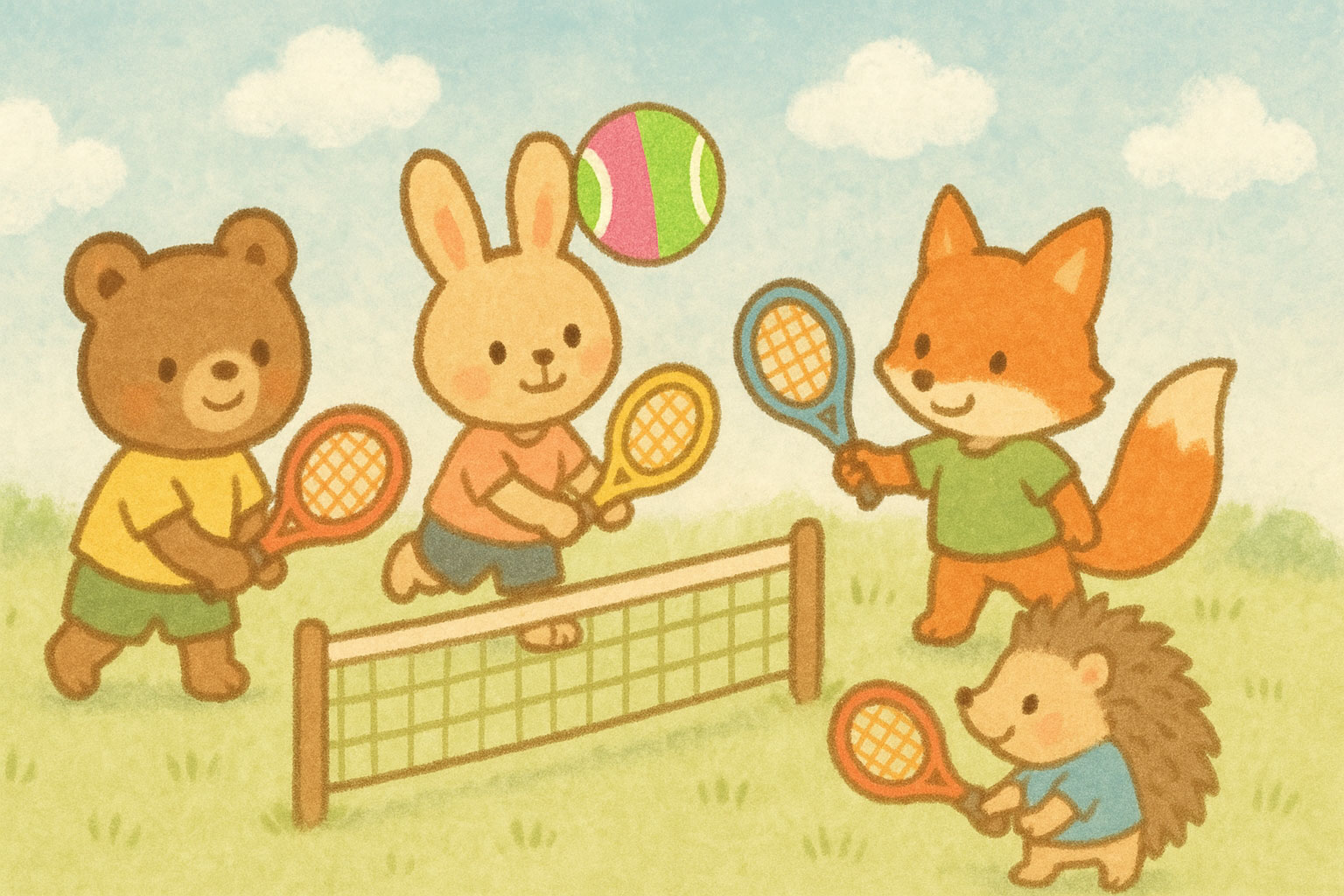ミニテニスのイメージ画像。動物たちがネットを挟んでミニテニスをしているイメージのイラストです。