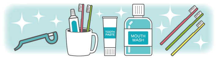 歯科ケア用品のイメージイラスト。糸ようじや歯ブラシ、マウスウォッシュ、歯磨き粉などのイラストが並んでいます。