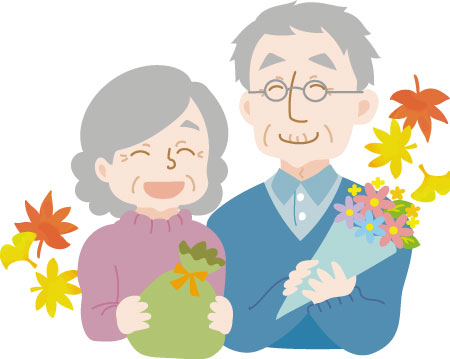 敬老祝賀会のイメージイラスト。二人のご年配の男性と女性が、花束などのプレゼントをもらい笑顔でこちらを見ています。