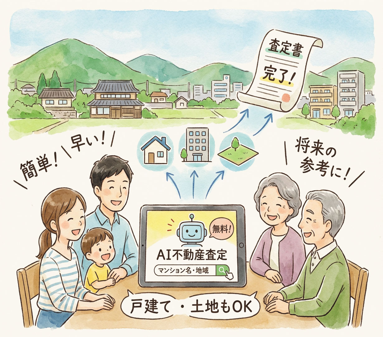 AI不動産査定サービスの広告イラスト。家族や高齢夫婦がテーブルでタブレットを囲み、査定画面を見ながら笑顔で相談する様子が描かれている。背景にはマンション、一戸建て、空き地など多様な不動産が並び、タブレットから矢印が伸びて査定対象を示している。「簡単！早い！」「無料！」などのキャッチコピーとともに、「査定書 完了！」の表示があり、AIによる迅速な査定の利便性を伝えるデザイン。