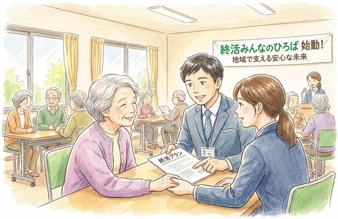 「終活みんなのひろば 始動！地域で支える安心な未来」と掲げられた室内で、終活相談イベントの様子を描いたイラスト。高齢女性がテーブルで笑顔を見せながら、終活プランの資料を手にした男女の専門スタッフと話している。背景では他の参加者もそれぞれ相談を受けており、地域の支え合いによる安心感と前向きな雰囲気が伝わる構成。世代を超えた対話と準備の大切さを表現している。