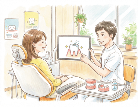 歯科医院でのカウンセリングの様子。歯科医が患者の隣に座り、モニターに映し出された歯のイラストを指しながら治療内容や口腔ケアについて説明している。手前のトレイには歯の模型やフッ素のボトルが置かれ、壁には歯の健康に関するポスターが掲示されている。明るい診療室で、丁寧な説明と安心感のある雰囲気が伝わる。