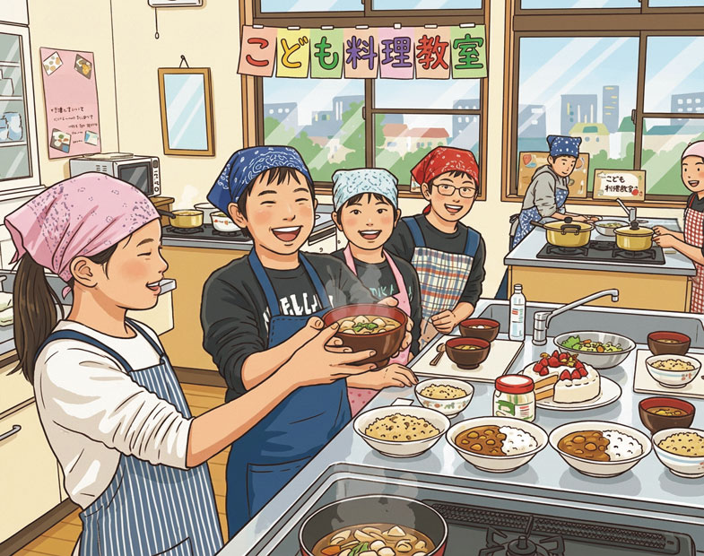 小学4～6年生向けの「こども料理教室」のイラスト。エプロンと三角巾をつけた子どもたちが明るいキッチンで調理に取り組み、コンロで料理をしたり、できあがった料理を並べたりしている。テーブルにはカレーやサラダ、スープ、いちごのケーキなどが並び、楽しそうに協力しながら料理を学ぶ様子が描かれている。