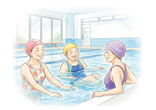 室内プールで行われているスイミングスクールのレッスン風景。スイムキャップをかぶった60代の女性たちがレッスンを受けている様子。明るい窓から自然光が差し込む清潔なプールエリアが広がっている。青いタイルの壁や整った設備が見え、安心して参加できる大人向けレッスンの雰囲気が伝わる。