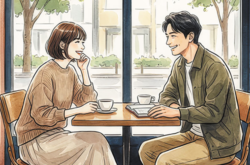 カフェのテーブルを挟んで向かい合う二人が、コーヒーを前に笑顔で会話しているイラスト。大きな窓の外には木々や建物が見え、明るく落ち着いた雰囲気の店内で、テーブルには開いたノートも置かれている。リラックスした対話の様子が伝わるシーン。