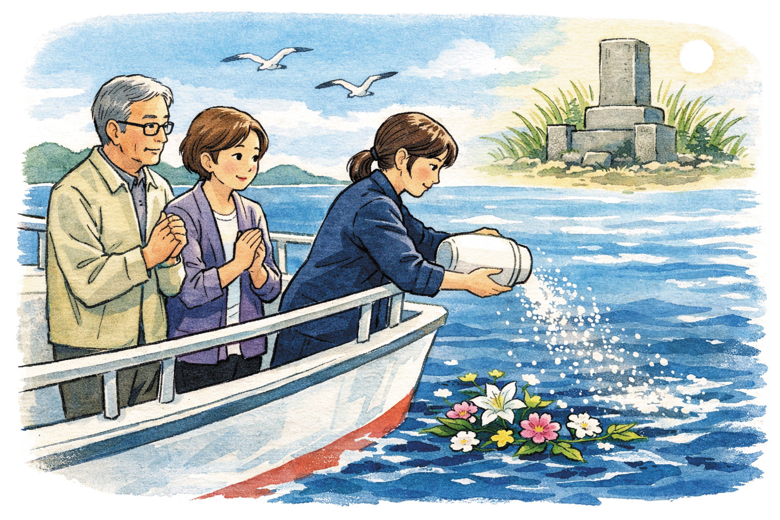 船上で行われる海洋散骨の様子を描いたイラスト。海に向かって白い骨壺から遺灰をまく人物と、そのそばで手を合わせて見守る二人が立っている。水面には花が浮かび、背景には小さな島と石碑、空には鳥が飛んでいる。静かな海と穏やかな空気の中で故人を偲ぶ、厳かで落ち着いた雰囲気の場面。
