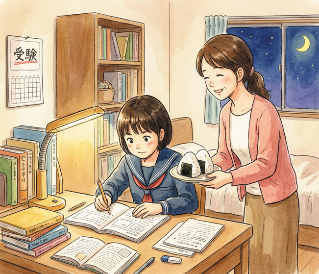 夜の部屋で机に向かって勉強する学生と、そのそばでおにぎりの皿を差し出す大人が描かれたイラスト。机にはノートや参考書が広がり、スタンドライトが手元を照らしている。背景には本棚やベッド、窓の外の月夜が見え、壁には「受験」と書かれたカレンダーが貼られている。受験勉強を頑張る子どもを家族がそっと支える、温かい雰囲気のシーン。