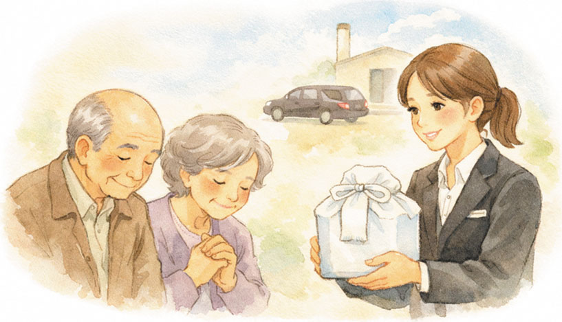 葬儀社のスタッフと思われるスーツ姿の人物が、ご遺骨を丁寧に持っている。屋外で年配の男女が手を合わせ頭をさげている。火葬場や車、緑の背景が柔らかいタッチで描かれ、ご年配の男女の二人は落ち着いた表情を浮かべている。葬儀後の挨拶や手続きの場面を思わせる、誠実で温かい対応を表現した一枚。