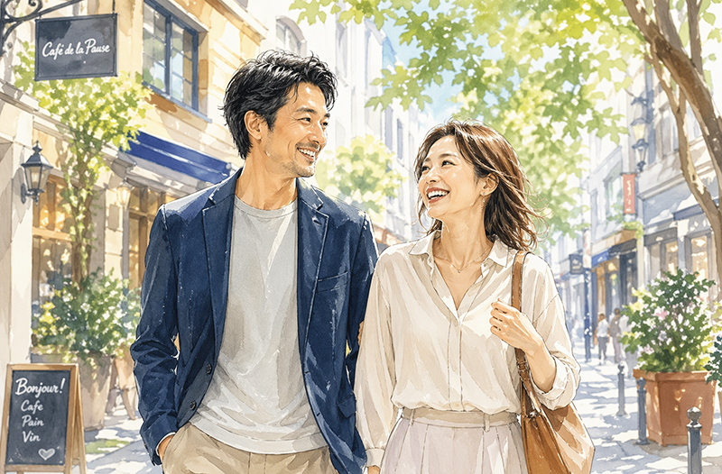大人の余裕を感じる30代〜40代のカップルが、自然体で笑顔を交わしながら街を歩く様子。恋活・婚活イベントのイメージ
