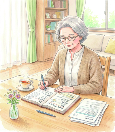 明るい室内で、高齢の人物が机に向かいノートに手続きを書き込んでいる様子を写した写真。机の上には書類の束やペン、湯のみ、花の入った小さな花瓶が置かれている。背後にはソファや本棚、窓からの自然光が差し込み、落ち着いた雰囲気の中で終活の準備を進めている様子が伝わる。