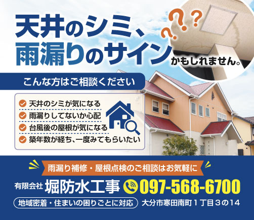 住宅の屋根と青空を背景にした広告画像で、天井のシミを示す小さな写真が重ねて配置されている。「天井のシミは雨漏りのサインかもしれません」といった注意喚起の文言や、相談を促す項目が並び、下部には堀防水工事の社名、住所、電話番号などの連絡情報がまとめられているデザイン。