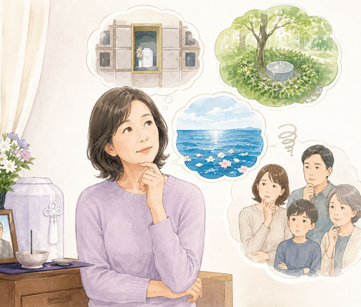 室内で女性が机に向かい、手を頬に当てて考えている様子を描いたイラスト。机の上には遺影写真や花の入った花瓶、リボン付きの骨壺が置かれている。女性の頭上には、納骨堂、樹木葬のような石碑、海洋散骨の海の風景、家族が話し合う姿など、複数の供養方法を示すイメージが吹き出しで描かれている。