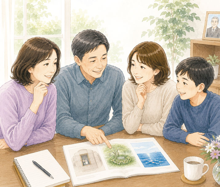 明るい室内で4人がテーブルを囲み、開いた冊子を見ながら話し合っているイラスト。冊子には木々に囲まれた場所や海の写真が載っており、テーブルにはノートやペン、コーヒーカップ、小さな観葉植物が置かれている。背景には写真立てや植物があり、家族や関係者が穏やかに相談している様子が描かれている。