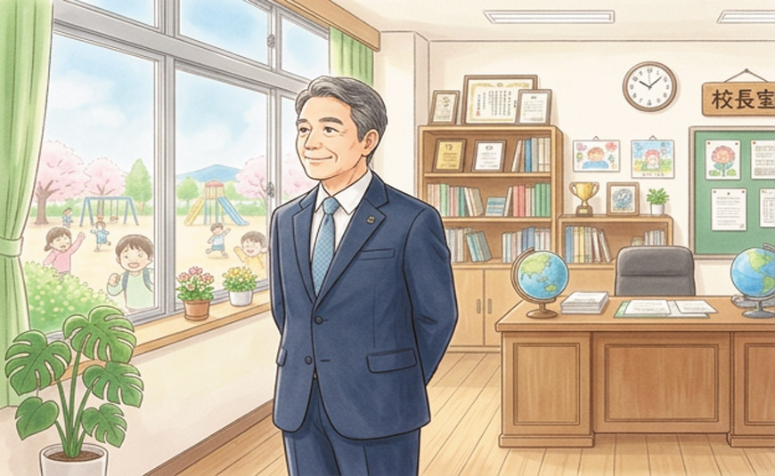 校長室を描いたイラストで、スーツ姿の校長が室内に立っている。大きな窓の外には桜の咲く校庭で遊ぶ子どもたちが見え、室内には机、地球儀、本棚、賞状やトロフィーなどが配置されている。上部には「校長室」の表示があり、学校の雰囲気と校長就任のイメージが伝わる明るい場面。