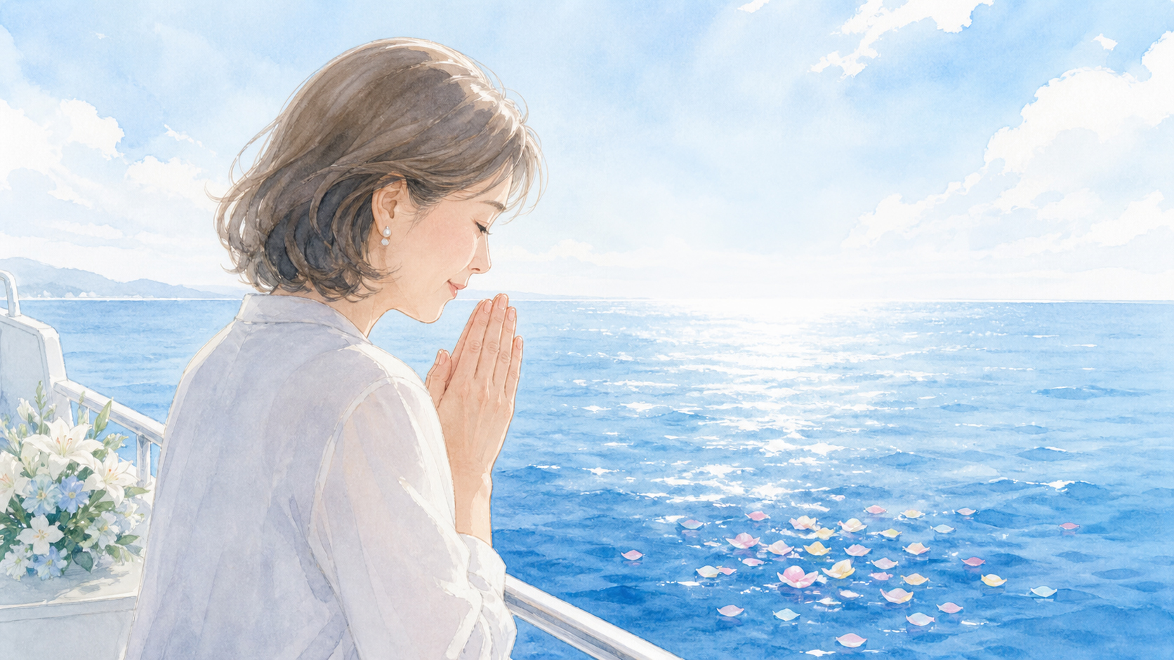 穏やかな海を背景に、船上で人物が胸の前で手を合わせて祈る姿が描かれている。水面には色とりどりの花びらが広がり、船の手すりには白と青の花束が置かれている。晴れた空と遠くの陸地が見える、静かで厳かな雰囲気の場面。
