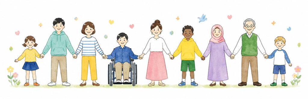 さまざまな年齢や背景の人々が横一列に並び、手をつないで立っているイラスト。子どもや高齢者、車いすの人、頭にスカーフを巻いた人など、多様な人々が描かれ、背景には小さな花やハート、鳥のモチーフが散りばめられている。人権や共生をテーマにした温かい雰囲気のデザイン。