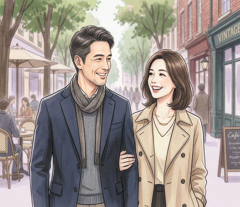 街路樹の並ぶおしゃれな通りを歩きながら、男女2人が笑顔で会話しているイラスト。周囲にはカフェのテラス席や歩く人々が描かれ、柔らかな光の中で穏やかな雰囲気が漂う。南大分の恋活パーティーの出会いをイメージした、明るく親しみやすい場面。