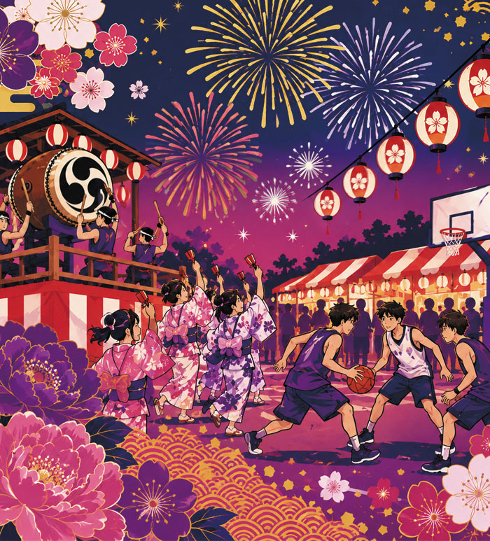 夜空に花火が上がる中、やぐらの上で太鼓が打ち鳴らされ、浴衣姿の人々が盆踊りをしている様子を描いたイラスト。周囲には提灯や花の模様が飾られ、反対側ではバスケットボールを楽しむ子どもたちの姿も描かれている。伝統的な夏祭りと現代的な遊びが同じ空間に共存する、にぎやかで色鮮やかなデザイン。