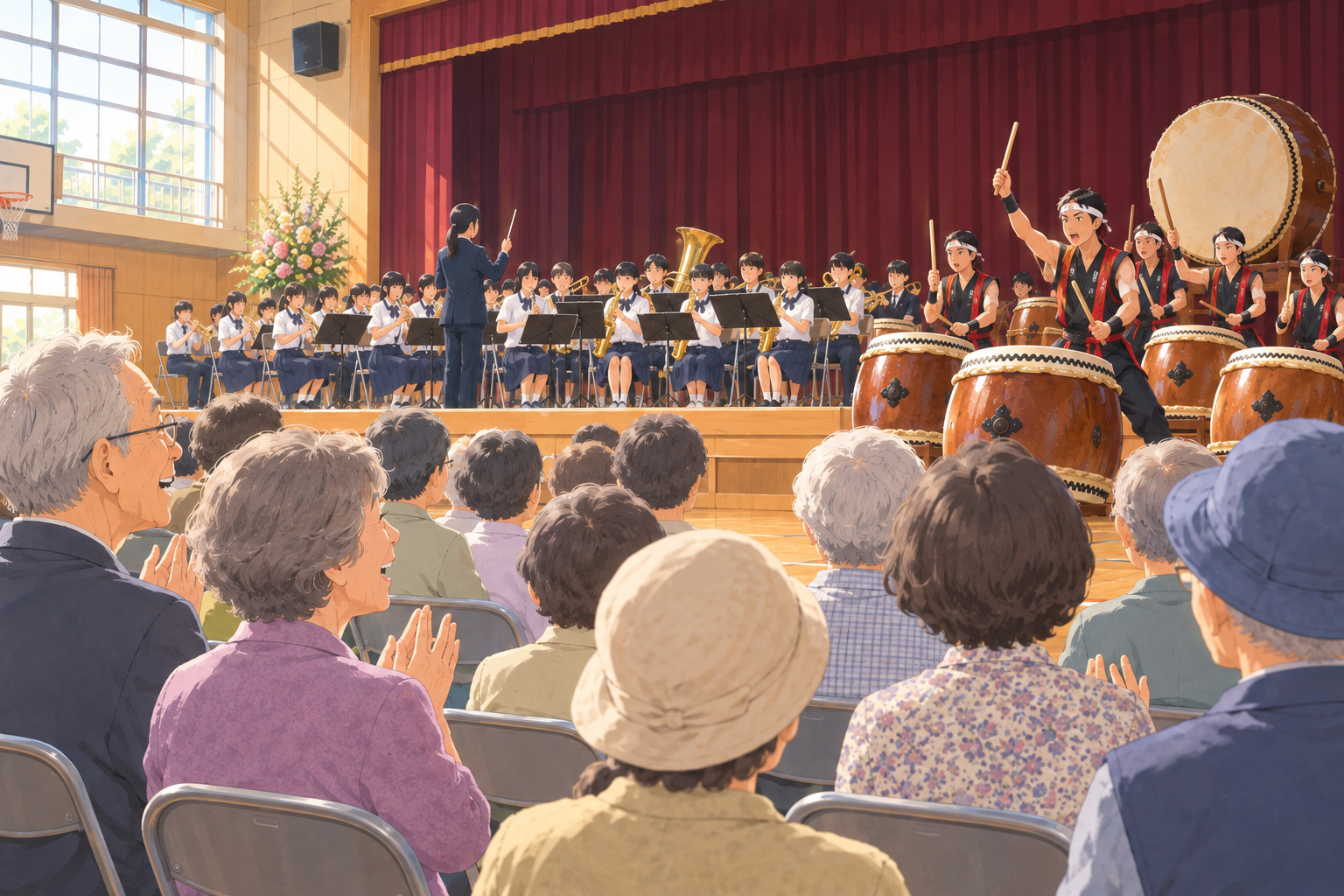 学校の講堂で、吹奏楽部の生徒たちが管楽器を演奏し、横のステージでは和太鼓の演奏者が力強くバチを振り上げている様子を写したイラスト。客席には多くの高齢者が並び、拍手を送りながら演奏を楽しんでいる。荏隈校区の敬老大会らしい、世代を超えた温かい交流が伝わる構図。