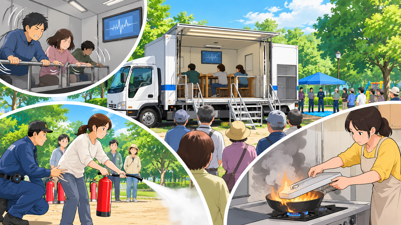 公園に停車した白い訓練車の横で、住民が防災体験を行っている様子を描いたイラスト。車内では揺れを体験する地震シミュレーションが行われ、別の場面では消防職員の指導で消火器の使い方を学ぶ人々が描かれている。さらに、家庭のキッチンで鍋の火をふたで覆って消火する場面も示され、地域の防災訓練の内容を分かりやすくまとめた構図。