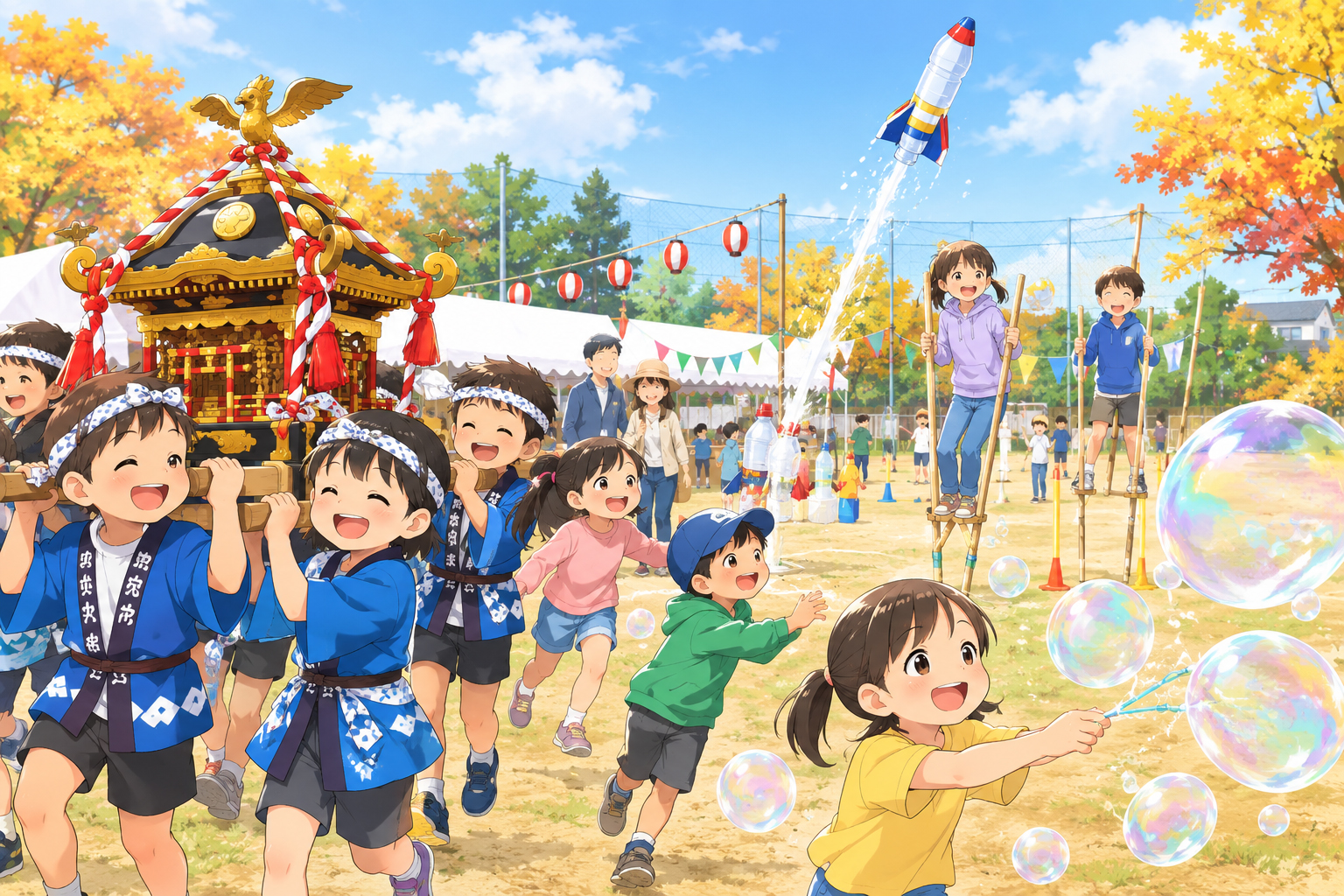 秋の装飾が並ぶ屋外会場で、子どもたちがミニみこしを担いだり、しゃぼん玉遊びや竹馬、ロケット型のおもちゃを飛ばすなど、さまざまな遊びを楽しんでいる様子を描いたイラスト。テントや提灯が背景に並び、花園秋祭りらしいにぎやかで温かい雰囲気が表現されている。