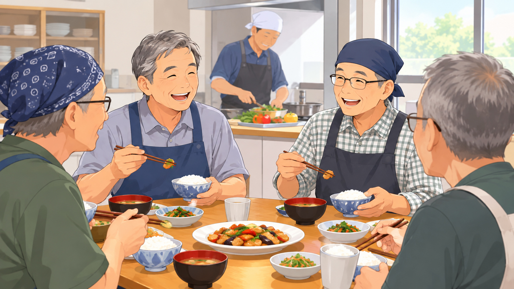 食卓を囲んで4人の高齢者が箸を持ち、汁物や炒め物、白ご飯などの料理を楽しそうに食べているイラスト。奥のキッチンでは別の高齢者が調理をしており、野菜や食器が並ぶ温かい家庭的な雰囲気が描かれている。