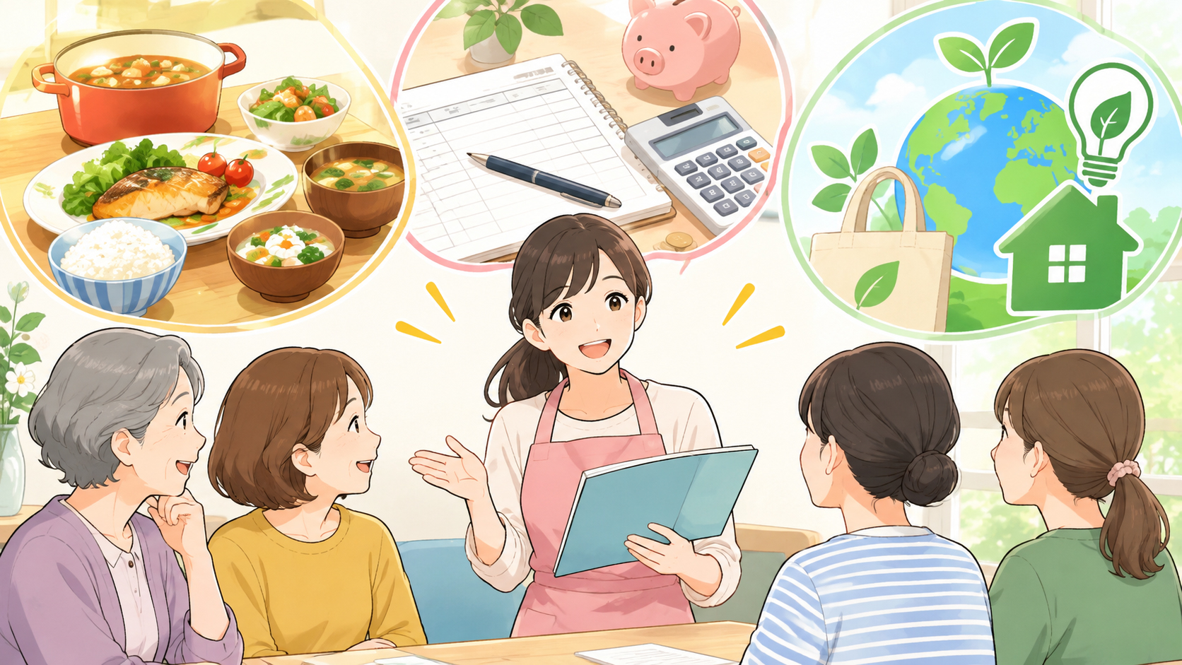 明るい室内で、資料を持った講師が複数の参加者に向けて説明を行う様子を描いたイラスト。講師の周囲には吹き出しがあり、食事や食費に関するイメージ、家計簿・電卓・貯金箱による家計管理のイメージ、エコバッグや地球、葉のモチーフを用いた環境に配慮した暮らしのイメージが配置されている。家計管理や持続可能なライフスタイルについて学ぶ場面を表現している。